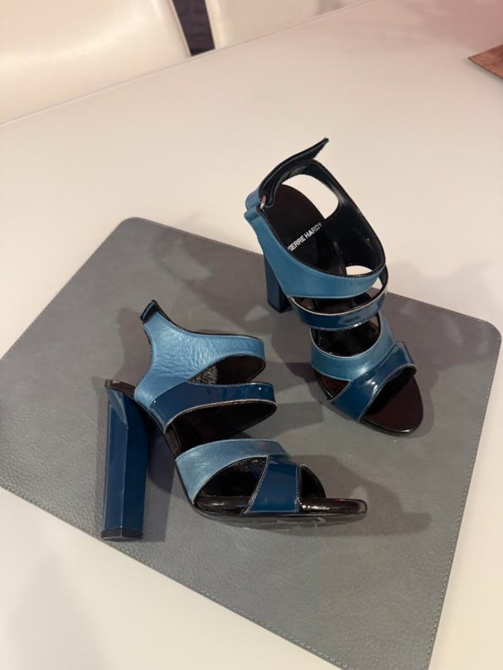 Pierre Hardy Blue Colorblock Strappy Block Heels Sandals Metallic Patent Leather